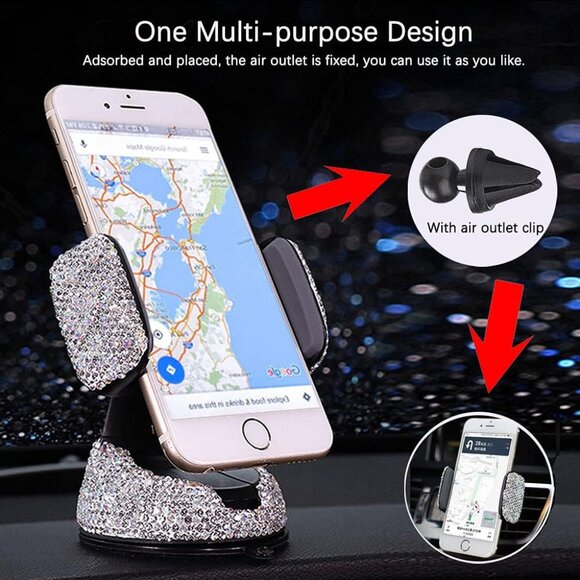 Bling Car Phone Holder, 360°Adjustable Universal Rhinestone Crystal Auto Phone M - Picture 2 of 7